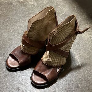 Freebird by Steven Brown and Tan Open-Toe Heeled Boots